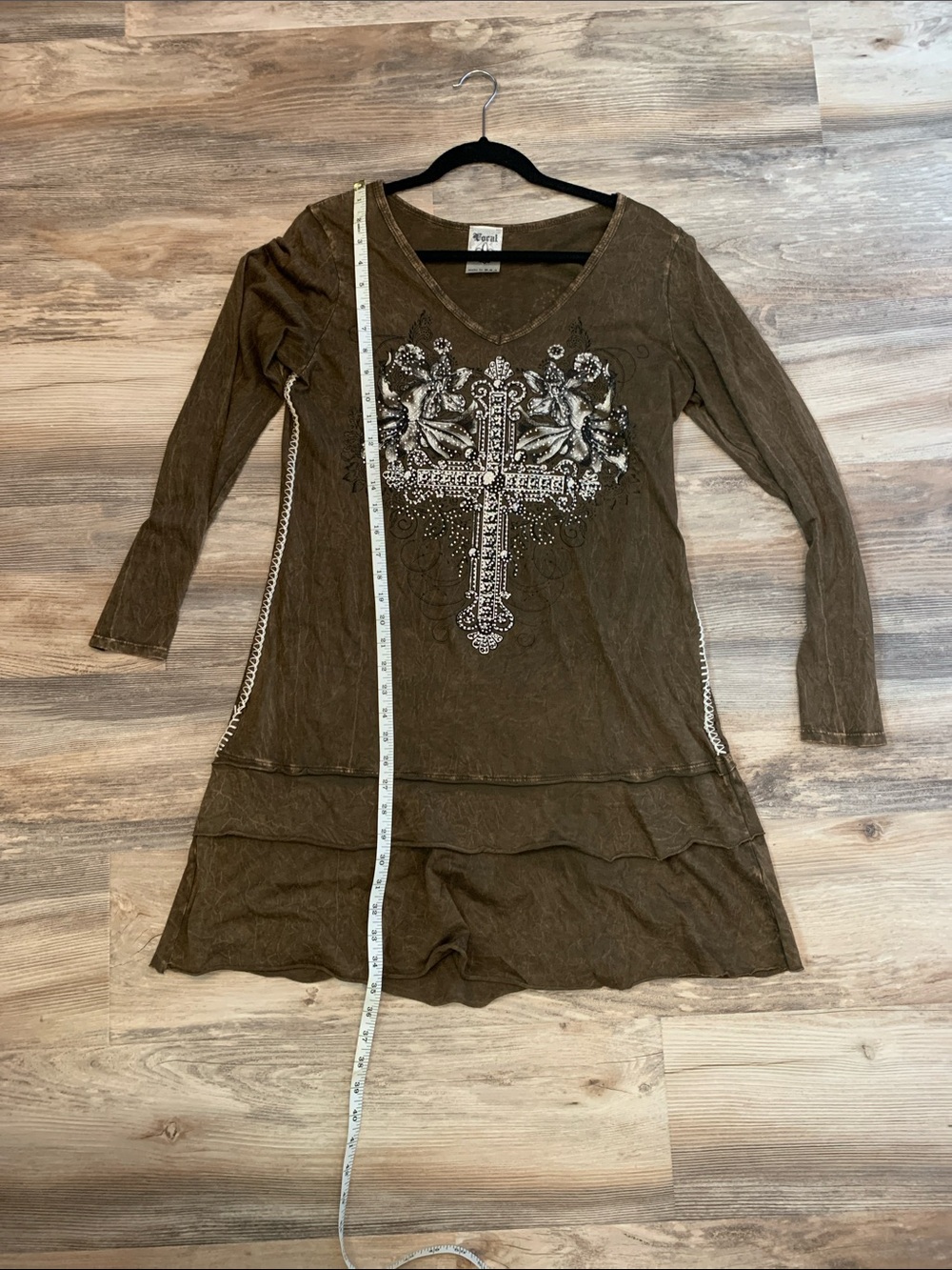 Embellished V-Neck Long Sleeve Dress - Brown size M-L from a small boutique